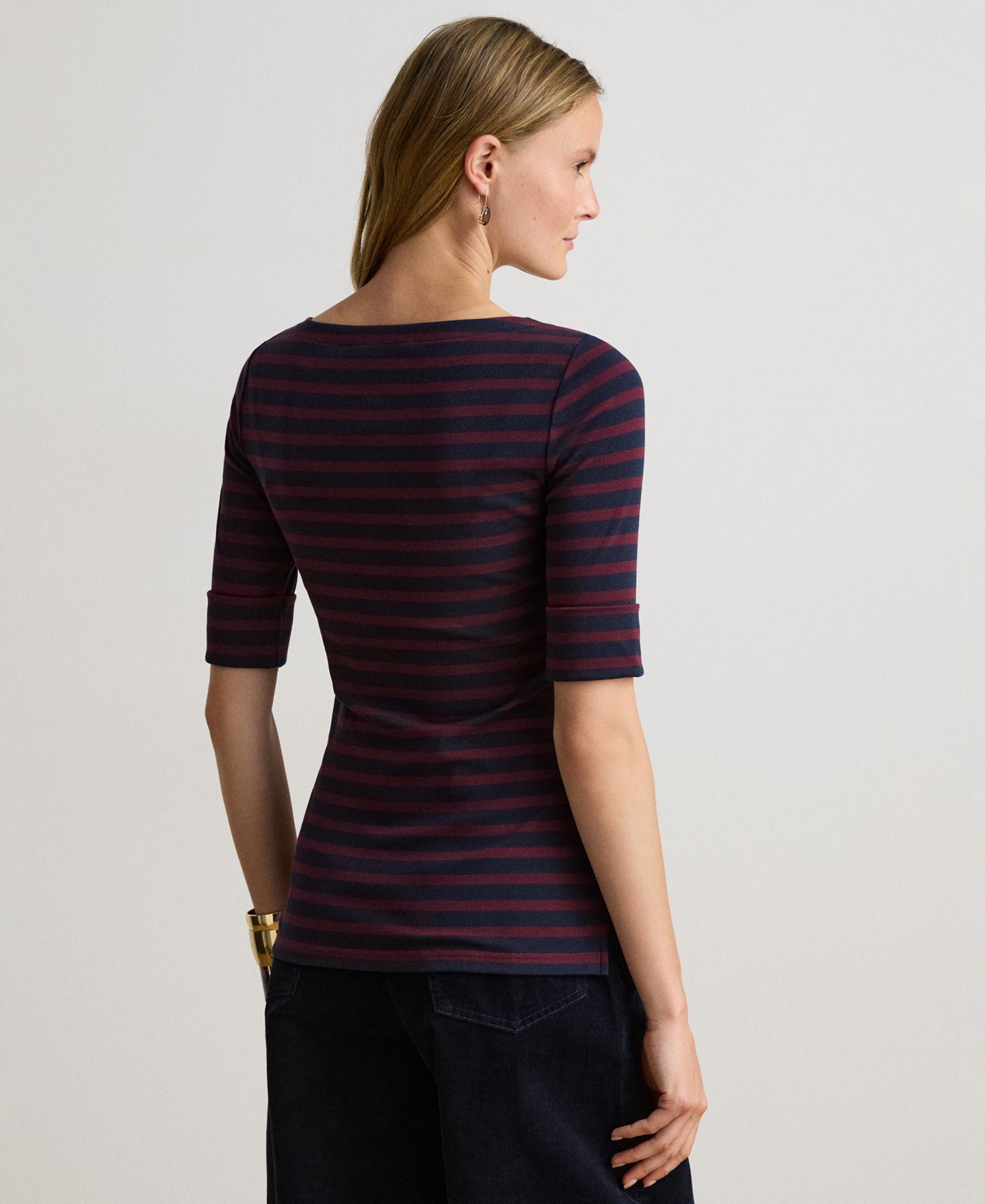 Женский топ Lauren Ralph Lauren Striped Stretch Cotton Boat Neck, цвет: Тёмно-синий / Гранатовый — фото 6