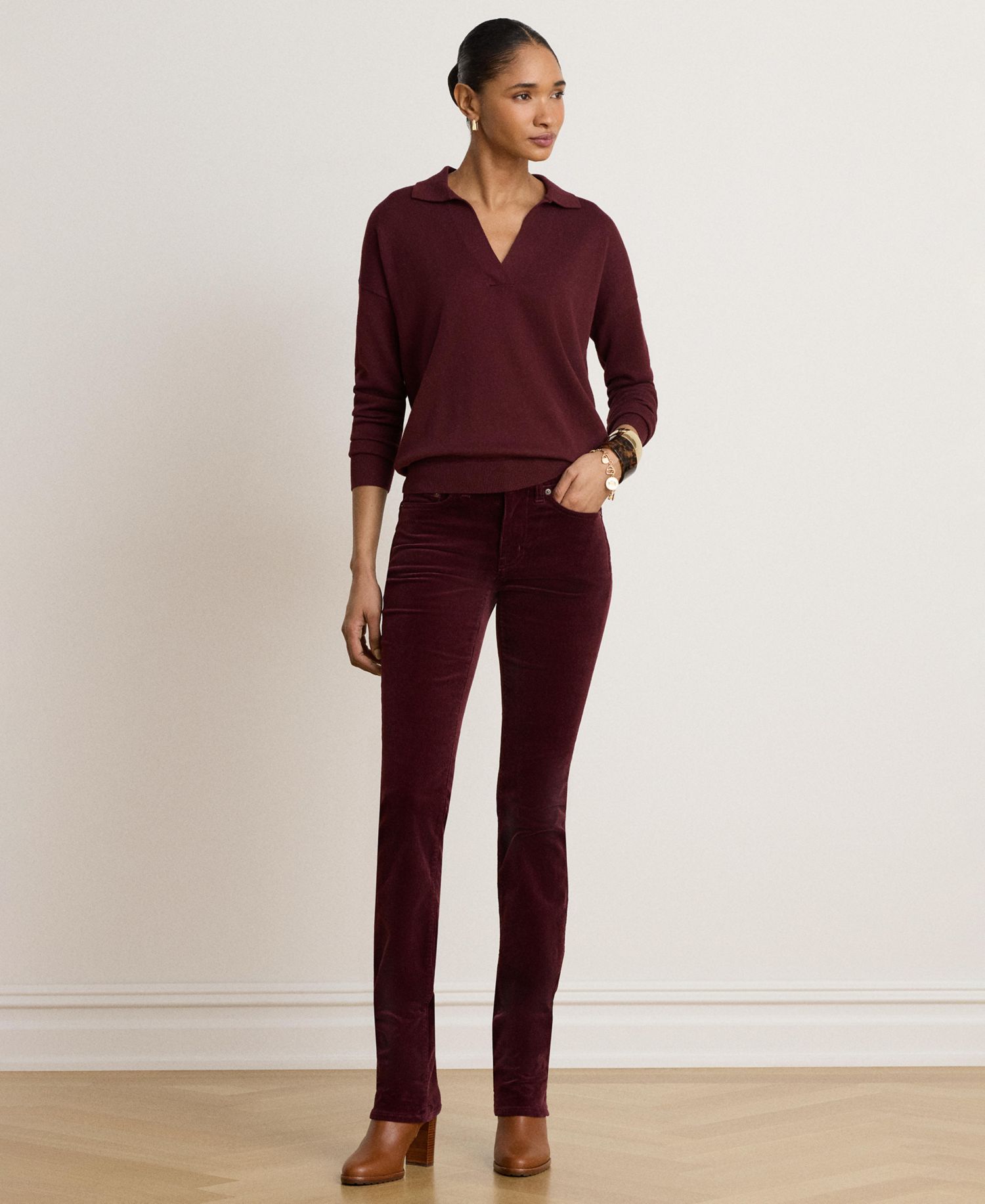 Women's Polo V-Neck Long-Sleeve Sweater