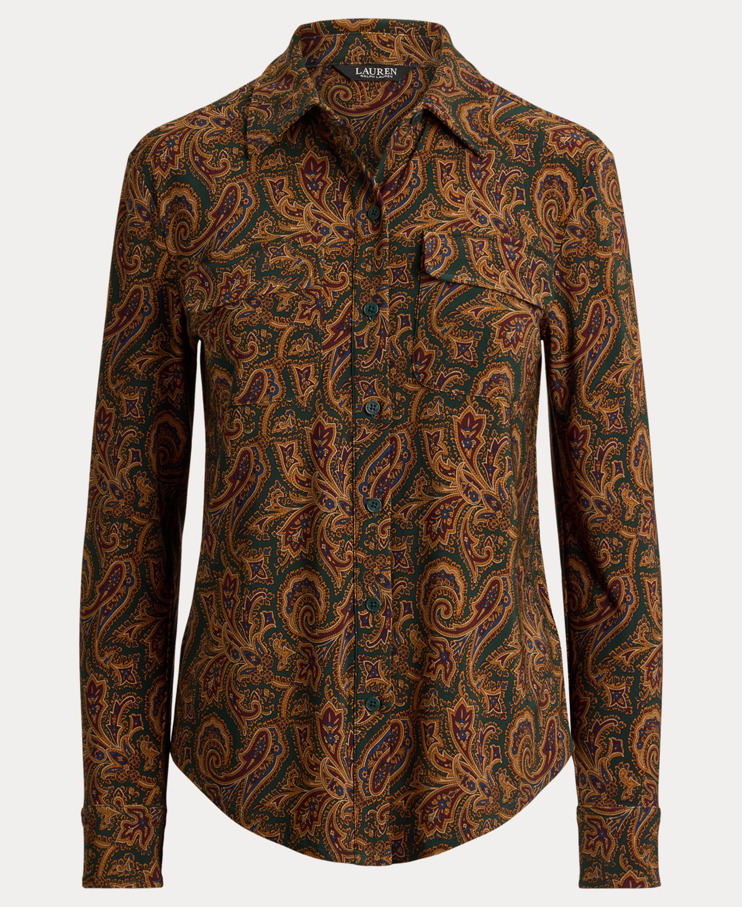 Women's Paisley Stretch Jersey Shirt Long-Sleeve Button-Up Blouse