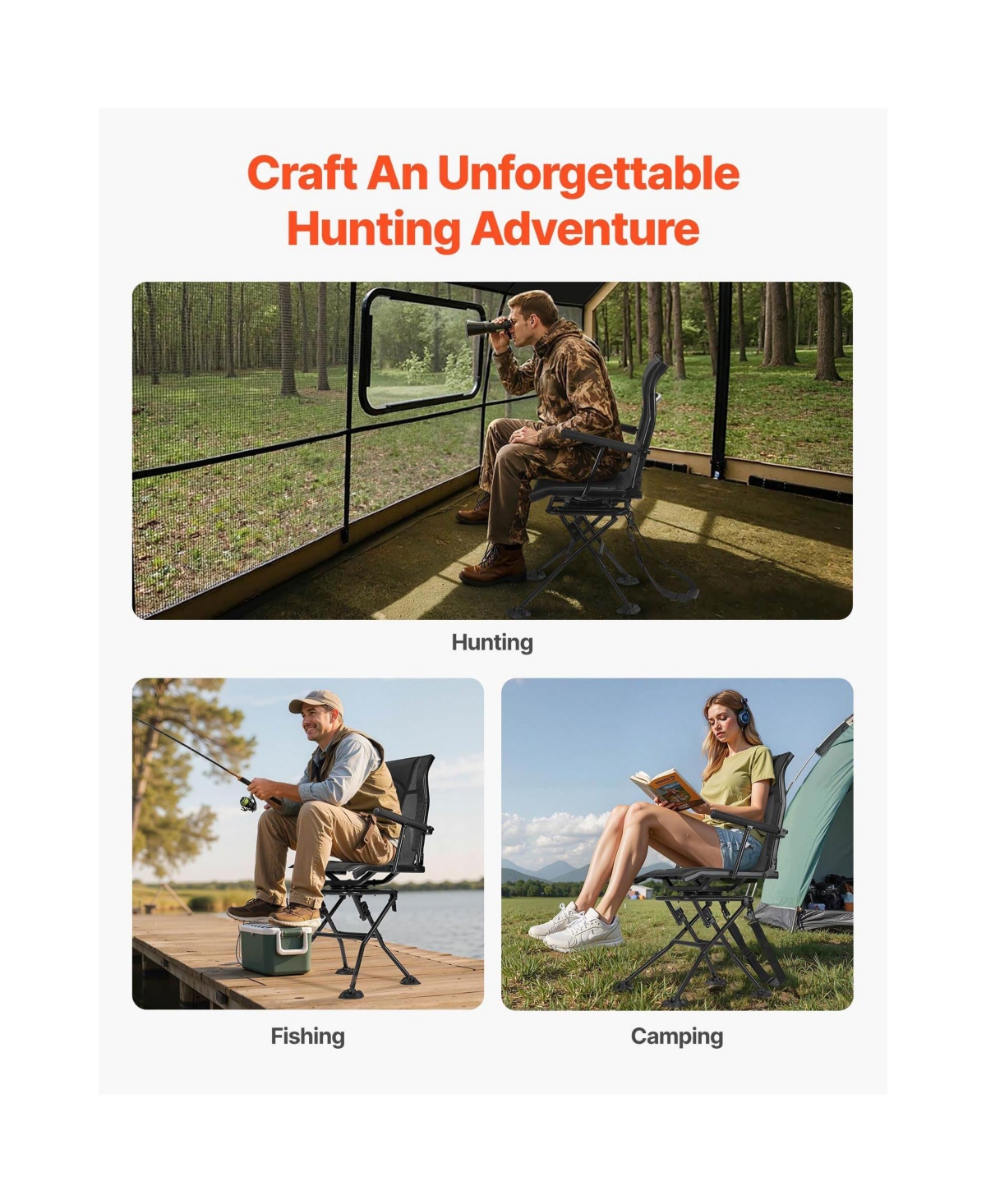 Mountaintop Hunting Chair, 360degree(s) Silent Swivel Foldable Blind Chair, Heavy Duty Steel Frame, Armrests, Adjustable Strap, 300 Lbs