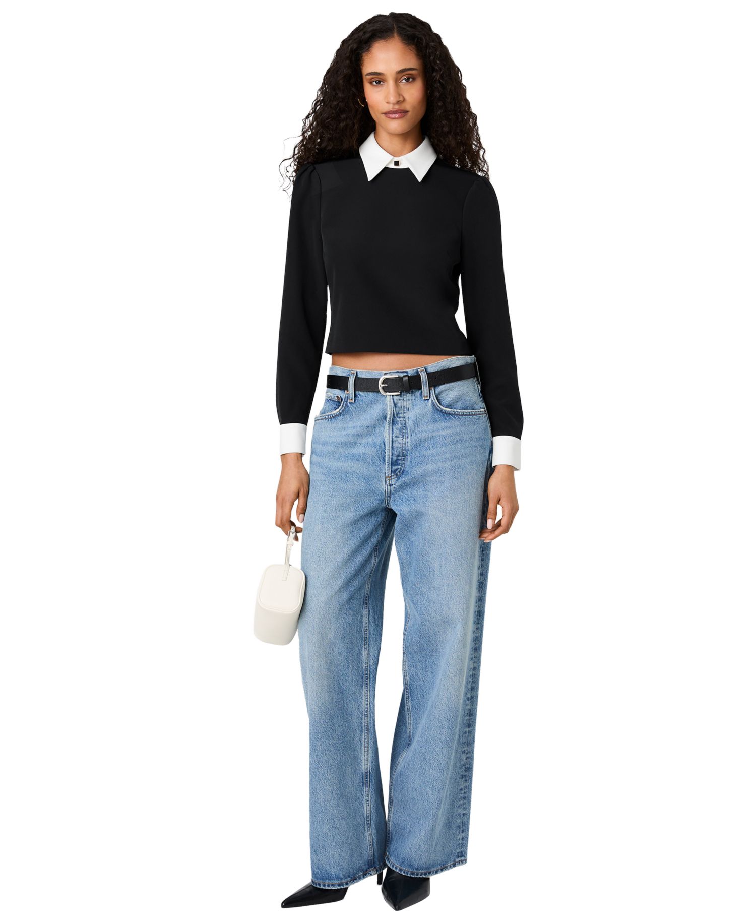 Women's Echo Crepe Collar Point Collar Mini Long-Sleeve Blouse