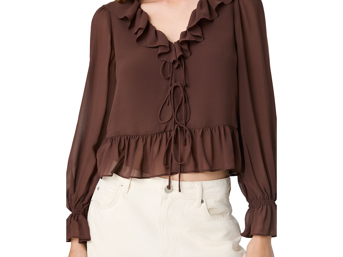 Женская блузка French Connection Marina Long-Sleeve V-Neck Tie-Front, цвет: Какао коричневый — фото 10
