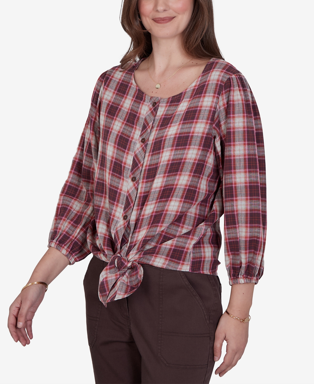 Ruby Rd. Petite Homestead Plaid 3/4-sleeve Button-front Top In Multi
