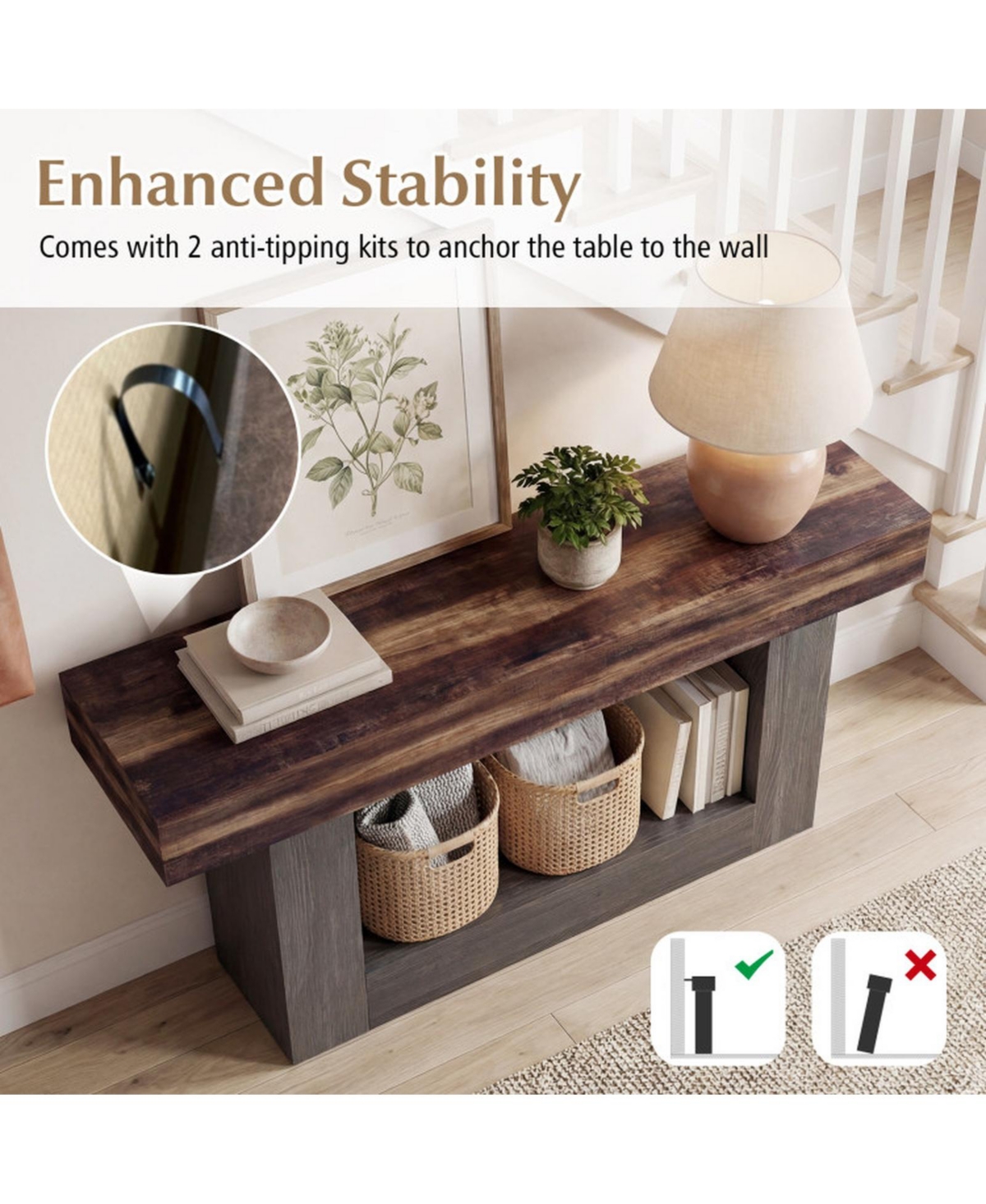 Sugift 2-Tier Farmhouse Console Table 63 Inch Long Slim Sofa Table with Storage Shelf