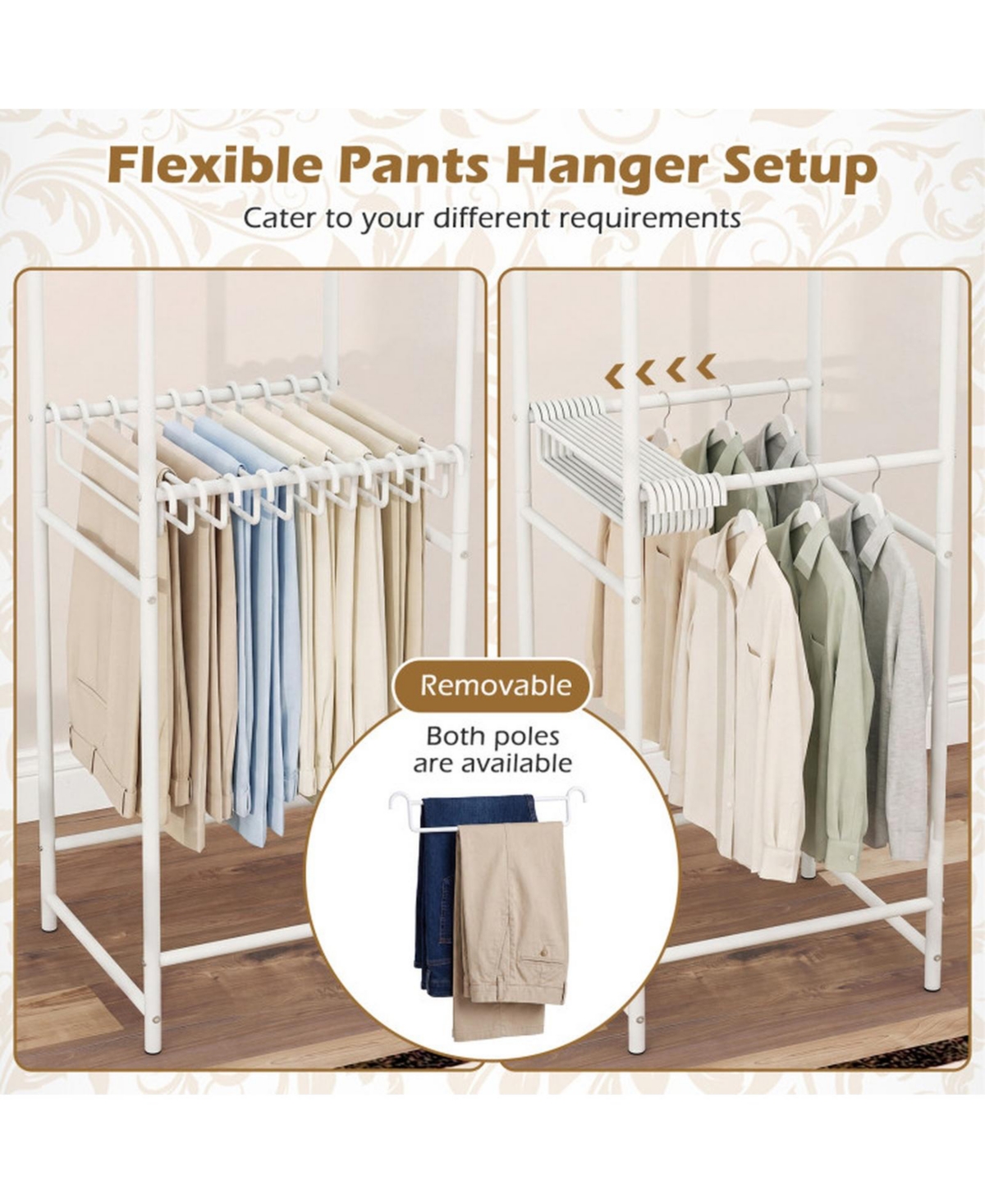 Sugift Slim Freestanding Coat Rack with 8 Hanging Rods and 10 Pants Hangers Vertical Garment Organizer