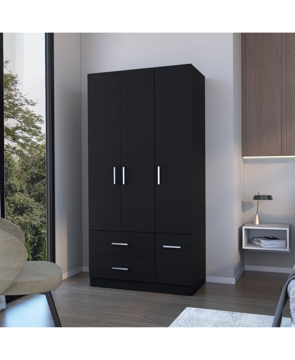 Fm Furniture Douglas Armoire in Melamine, Two Drawers, Hanging Rod And 4 Doors