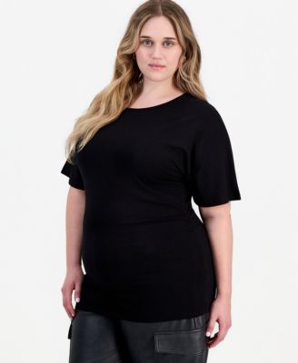 Plus Size Kimino Fitted Ruched Cotton-Blend Crew Neck T-Shirt