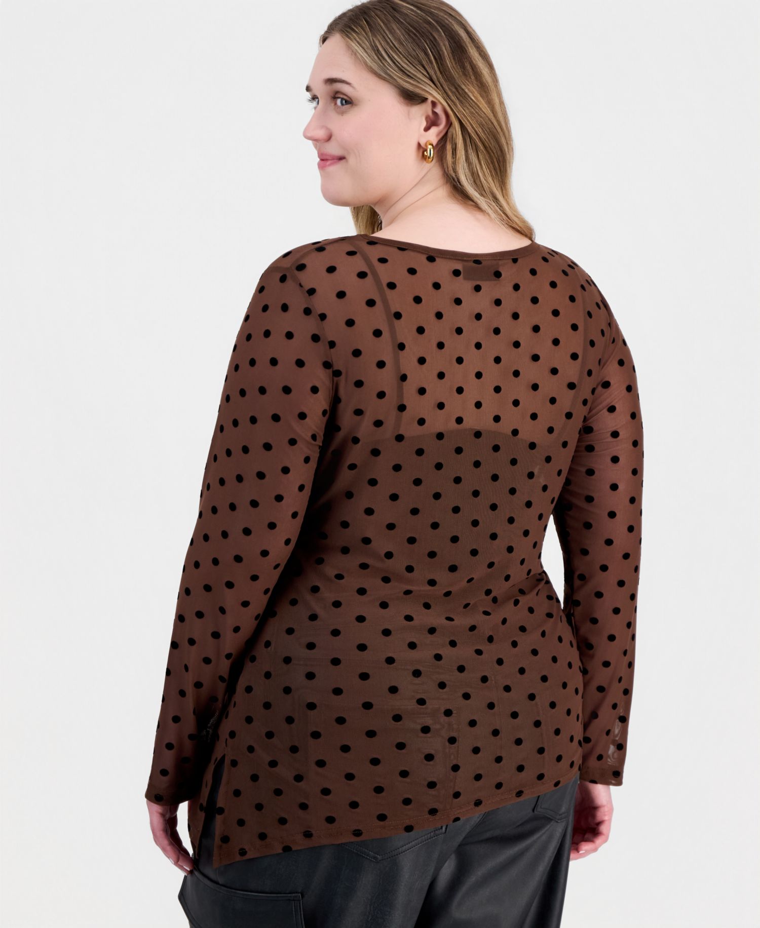 Plus Size Long-Sleeve Crewneck Flocked Mesh Top