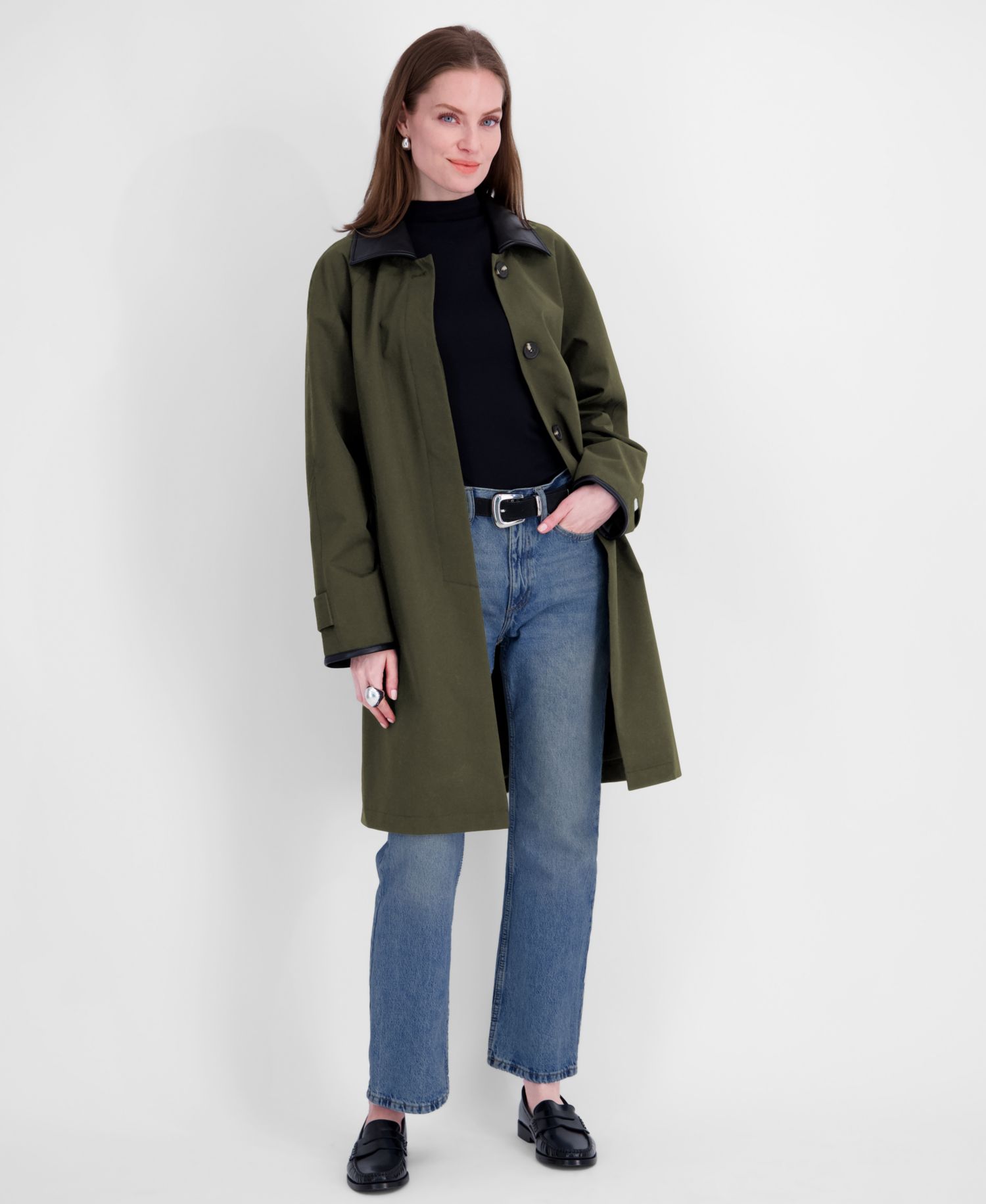 Women's Water-Resistant Faux-Leather Collared Balmacaan Coat