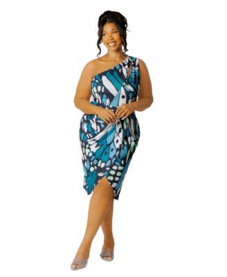 Plus Size One-Shoulder Butterfly-Print Asymmetrical Mini Dress