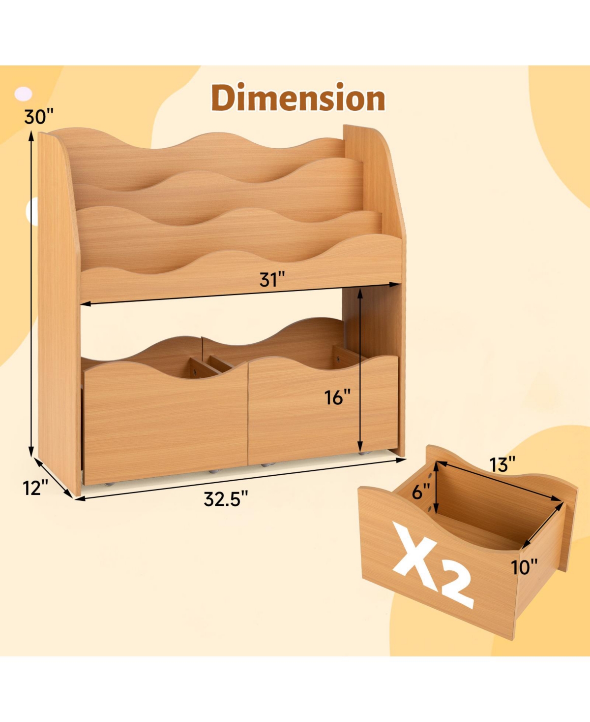 Gymax Kids Toy Storage Organizer Wooden Montessori Bookshelf with Two Rolling Drawers