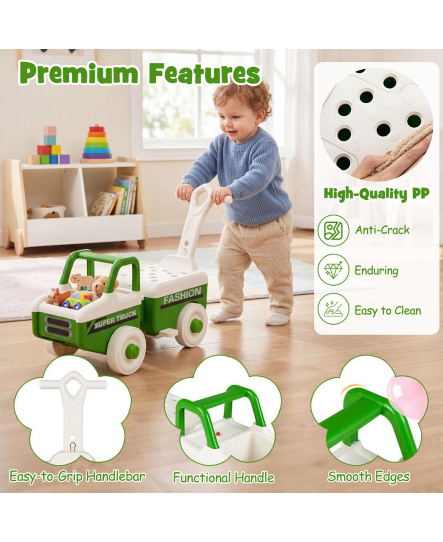 Детская игрушка HONGGE 4-in-1 Kids Ride-On Push Car with Music Trailer and Under-Seat Storage Ages 1.5-5, цвет: Зелёный — фото 4