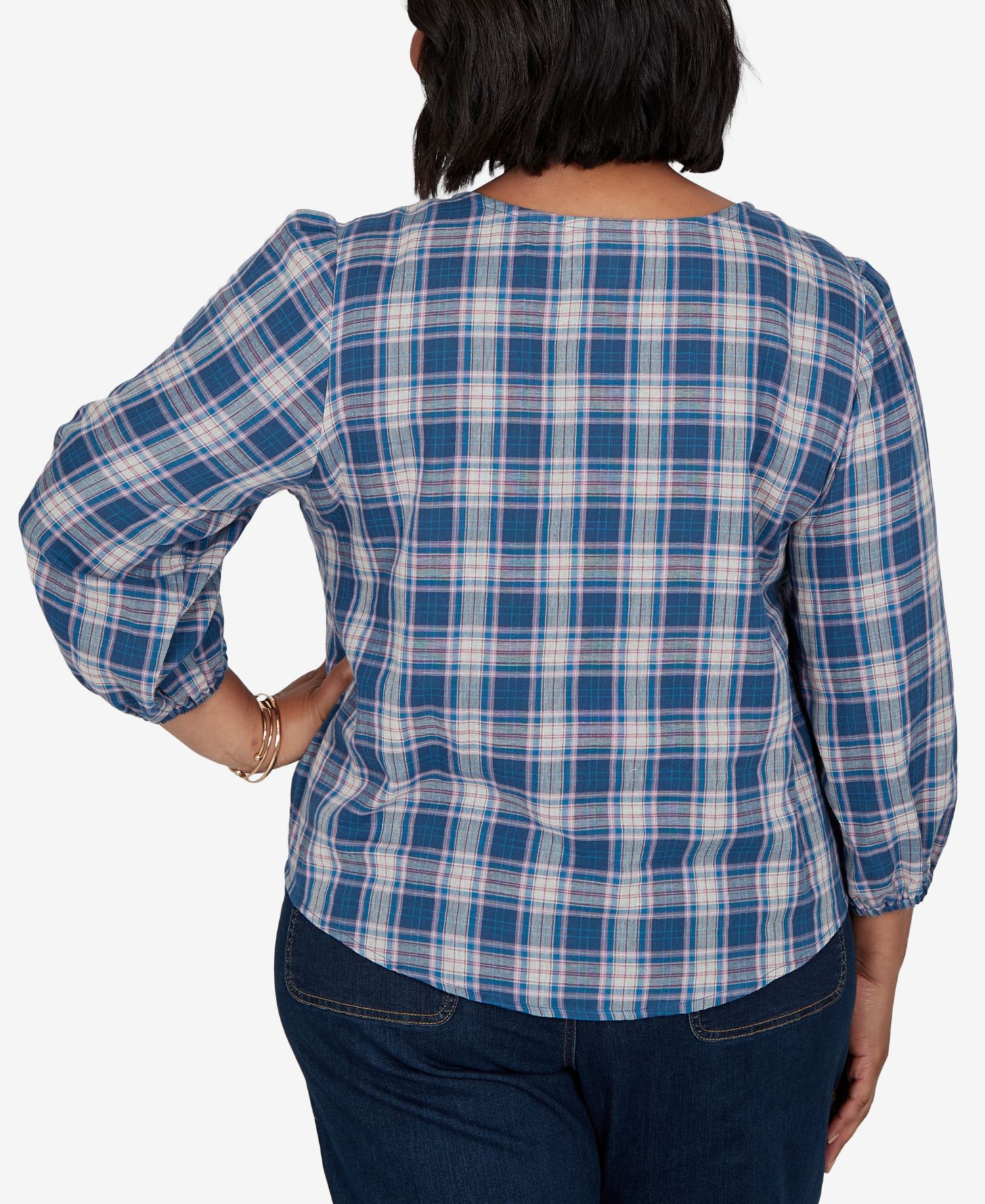Plus Size Homestead Plaid 3/4-Sleeve Button-Front Top