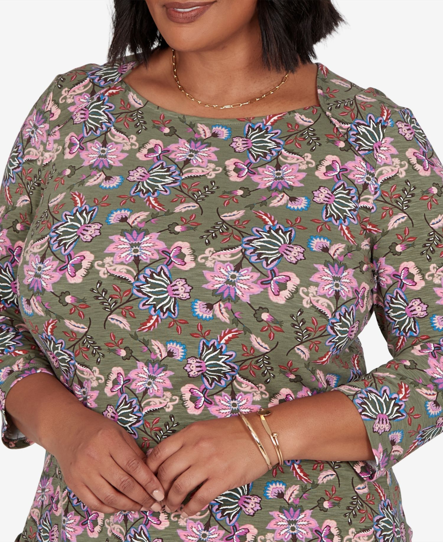 Plus Size Knt Garden Square Neck 3/4-Sleeve Floral Cotton-Blend T-Shirt