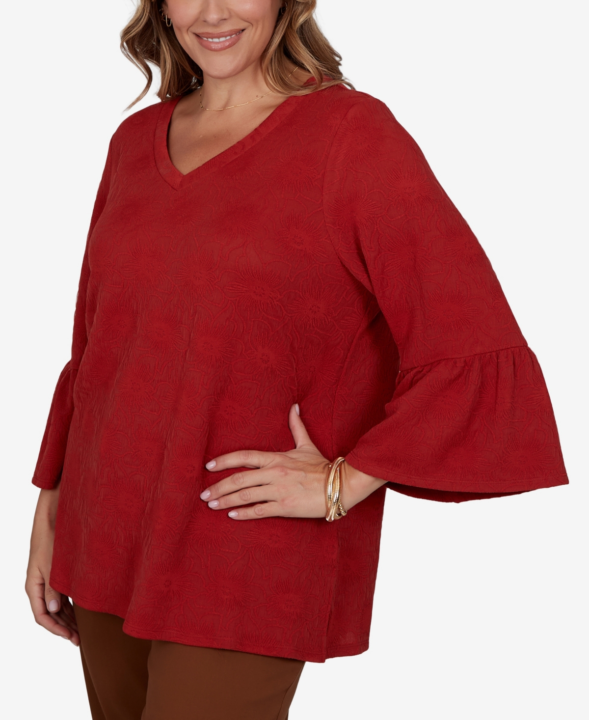Ruby Rd. Plus Size V-neck Floral Bell-sleeve Blouse In Red