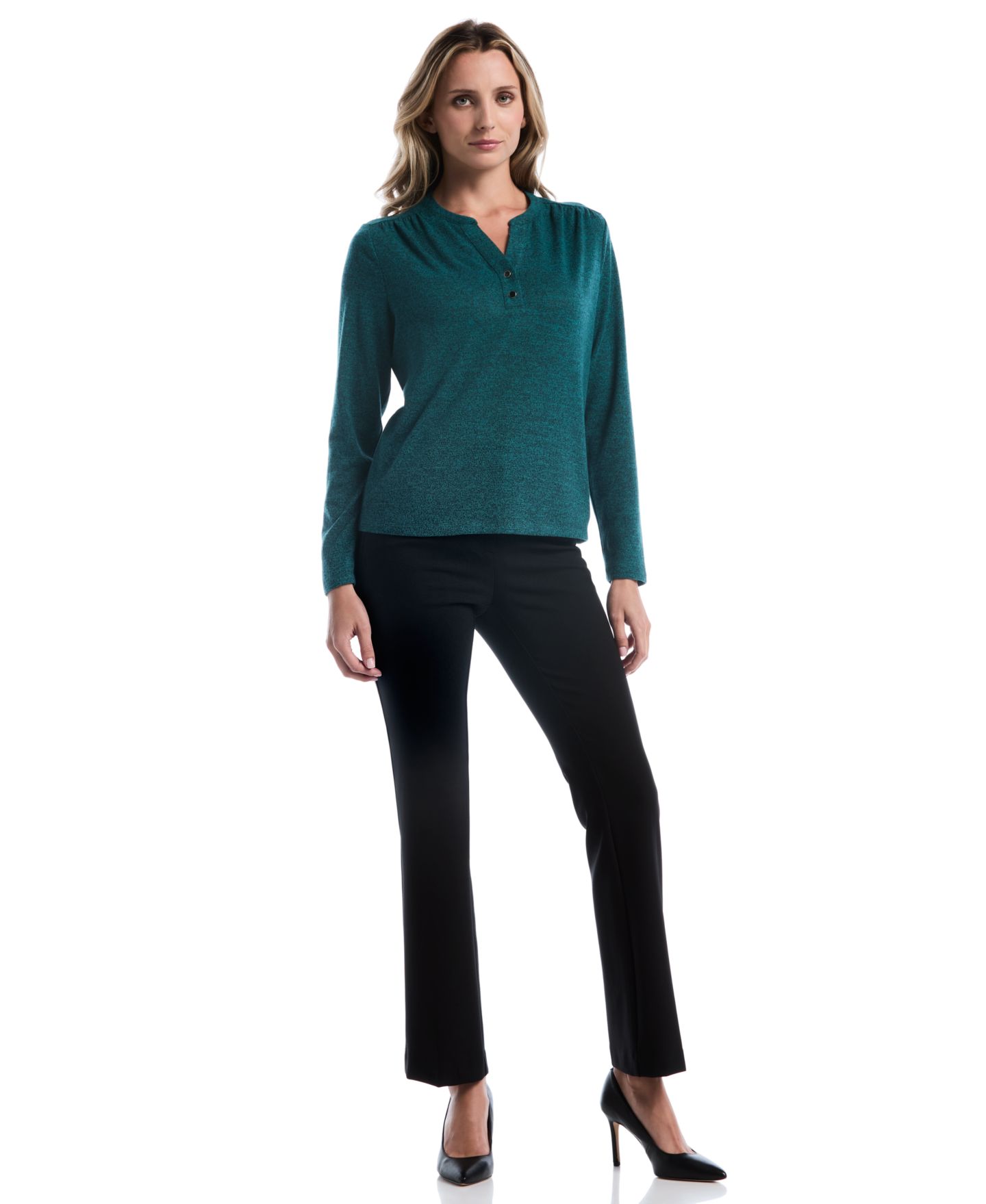 Женская футболка Rafaella Petite Long-Sleeve Split-Neck, цвет: Глубокий бирюзовый — фото 2