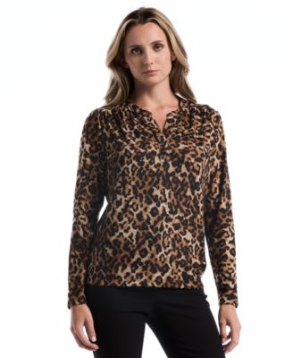 Petite Leopard-Print Split-Neck Long-Sleeve Blouse