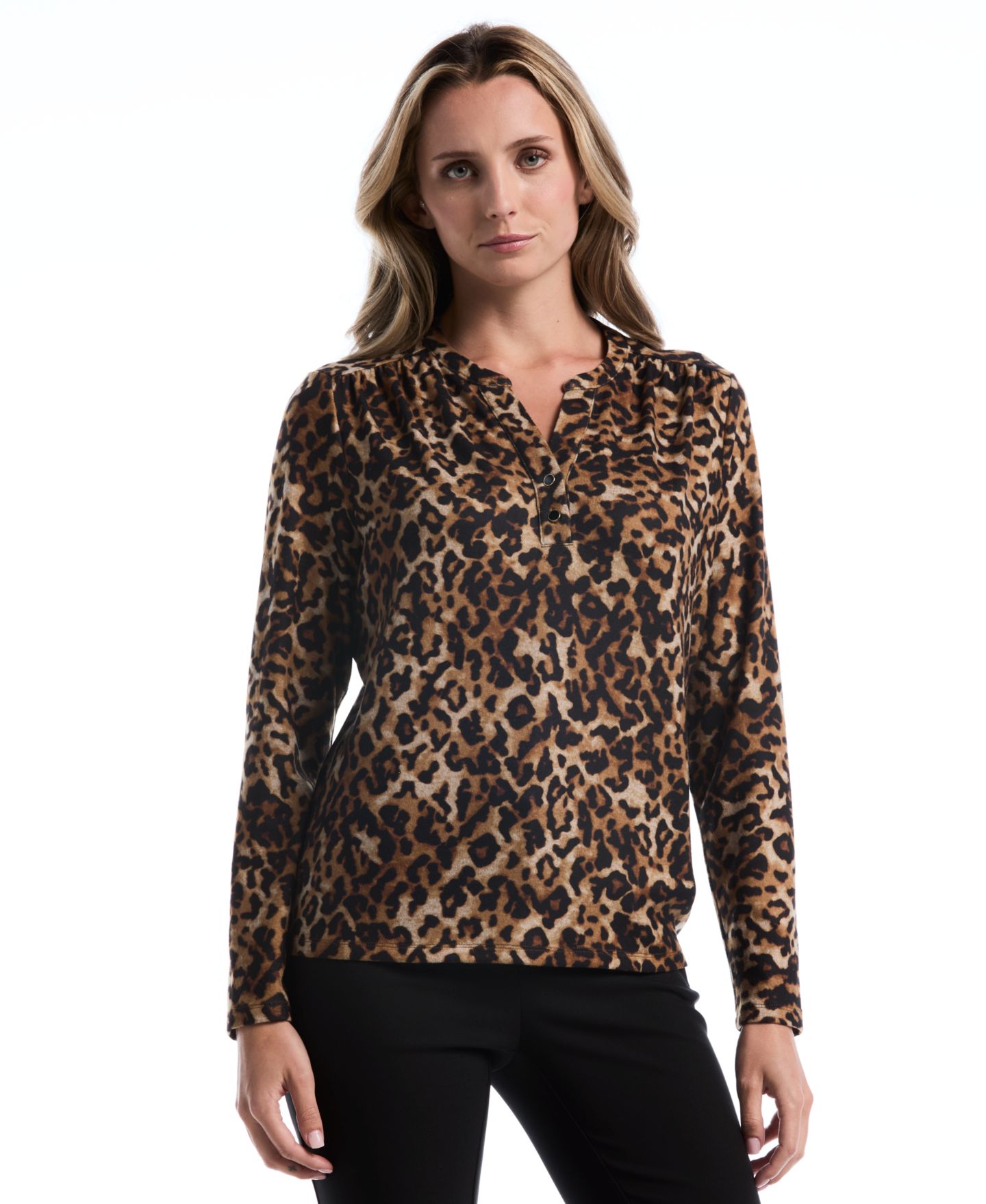 Женская блузка Rafaella Petite Leopard-Print Split-Neck Long-Sleeve, цвет: Monks Robe — фото 1