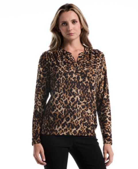 Женская блузка Rafaella Petite Leopard-Print Split-Neck Long-Sleeve, цвет: Monks Robe