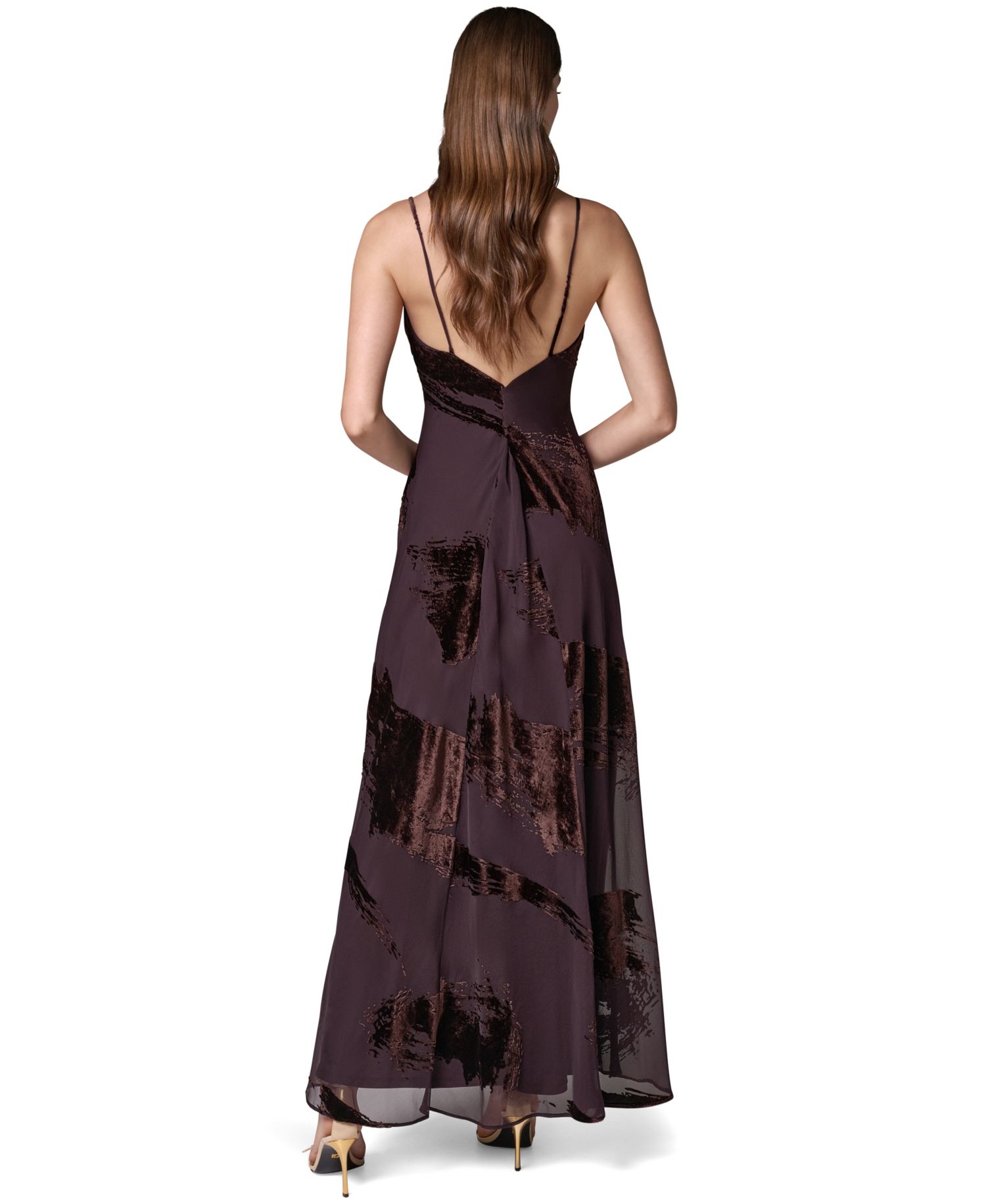 Women's Boat Neck Velvet-Burnout Gown with Low V-Back