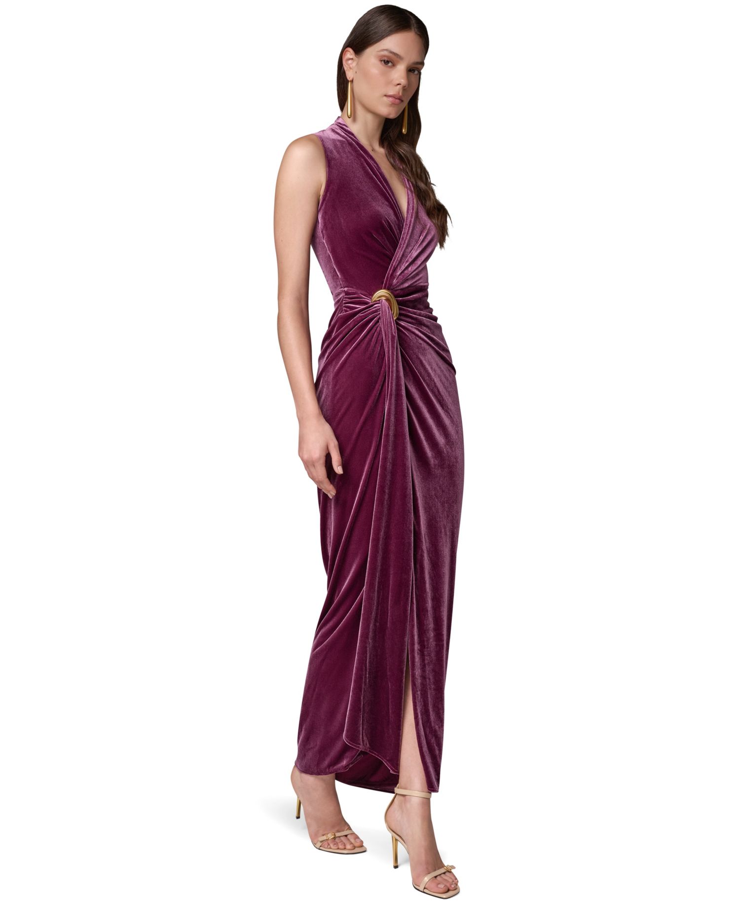 Women's Sleeveless Velvet Faux-Wrap Maxi Dress