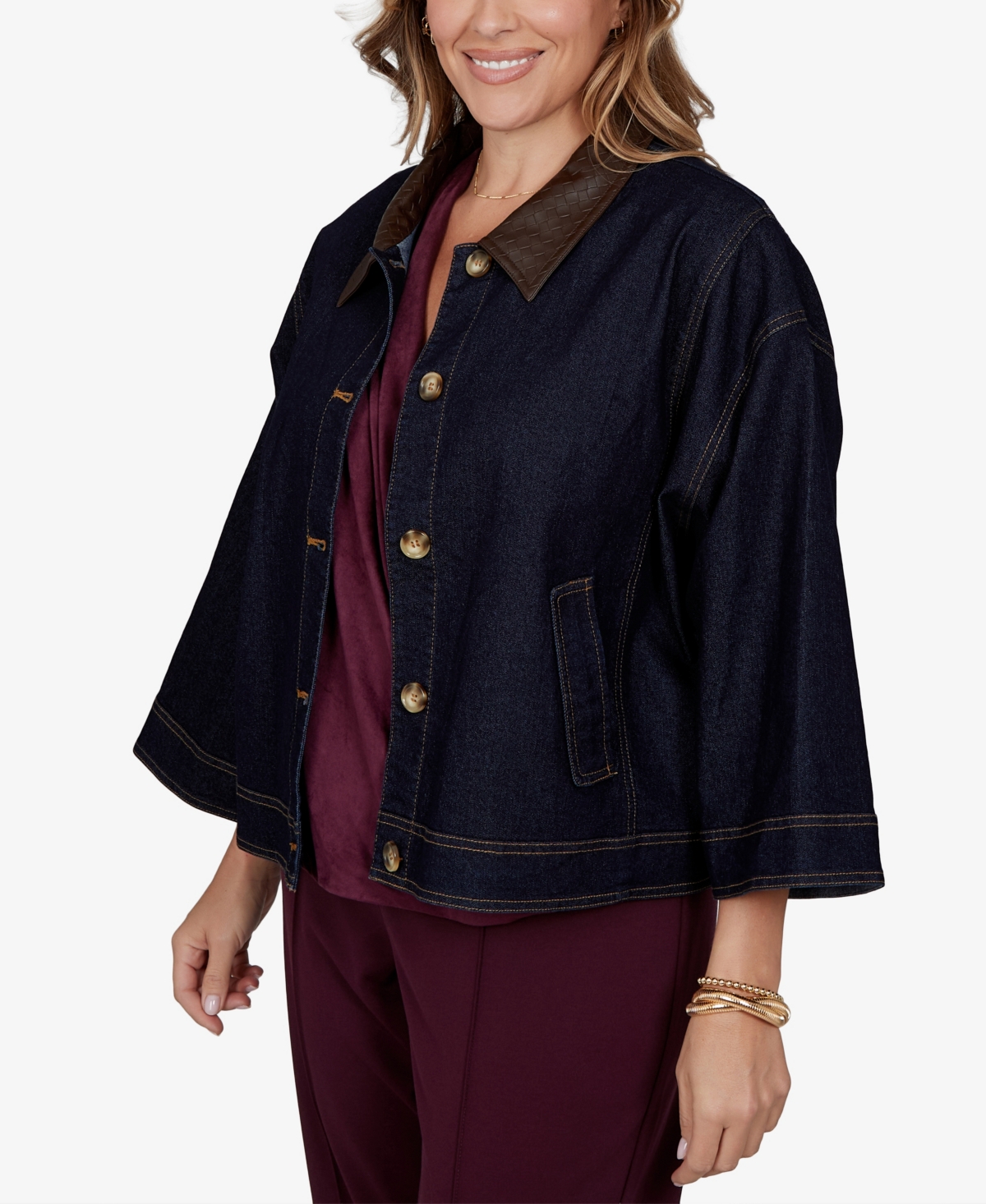 Ruby Rd. Plus Size Stretch 3/4-sleeve Denim Jacket In Black