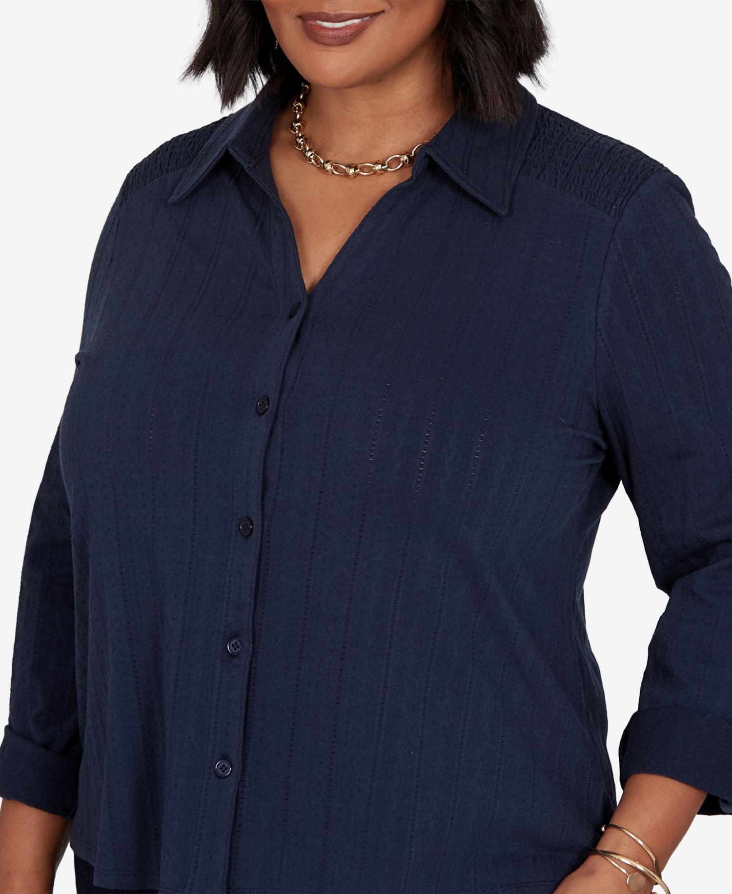Plus Size Striped Roll-Tab Button-Front Blouse