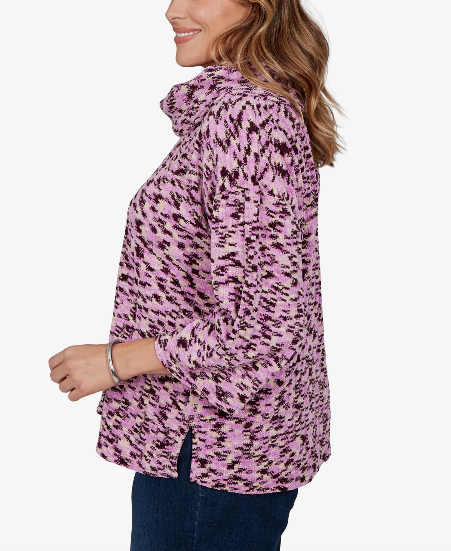 Plus Size Cowl Neck 3/4-Sleeve Spacedye Knit Top