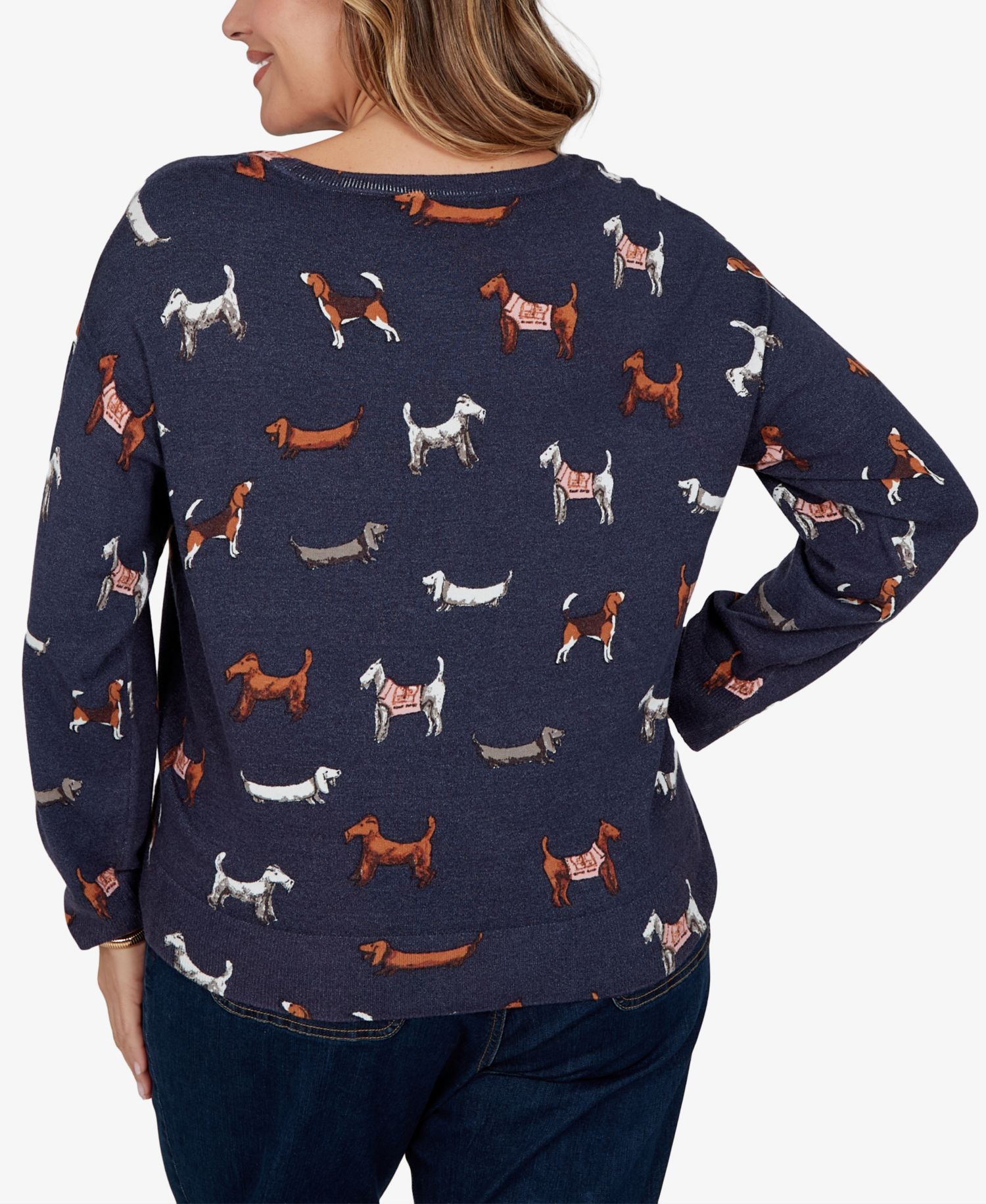 Plus Size Ballet Neckline Allover Dog Print Long-Sleeve Sweater