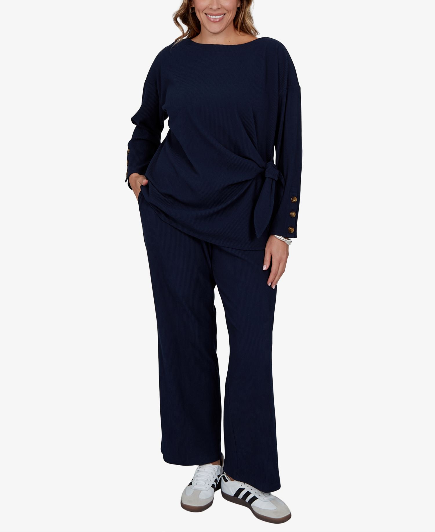 Plus Size Boat-Neck Long-Sleeve Side-Tie Top