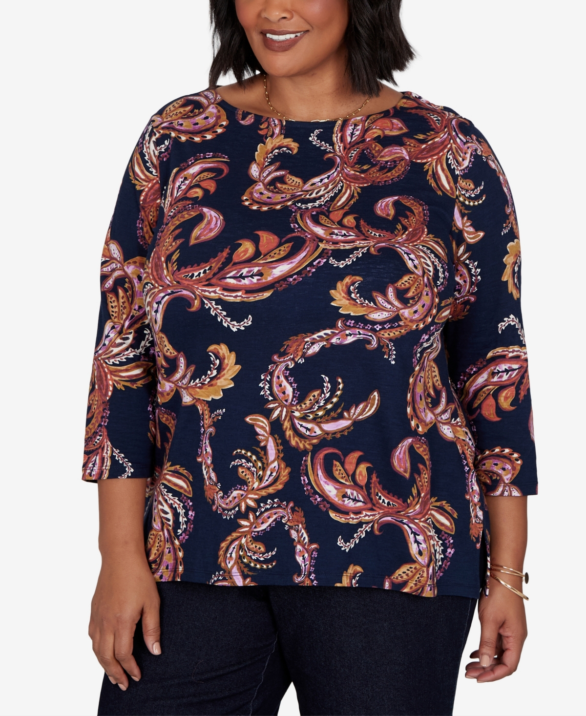 Ruby Rd. Plus Size Paisley 3/4-sleeve Boat-neck T-shirt In Blue