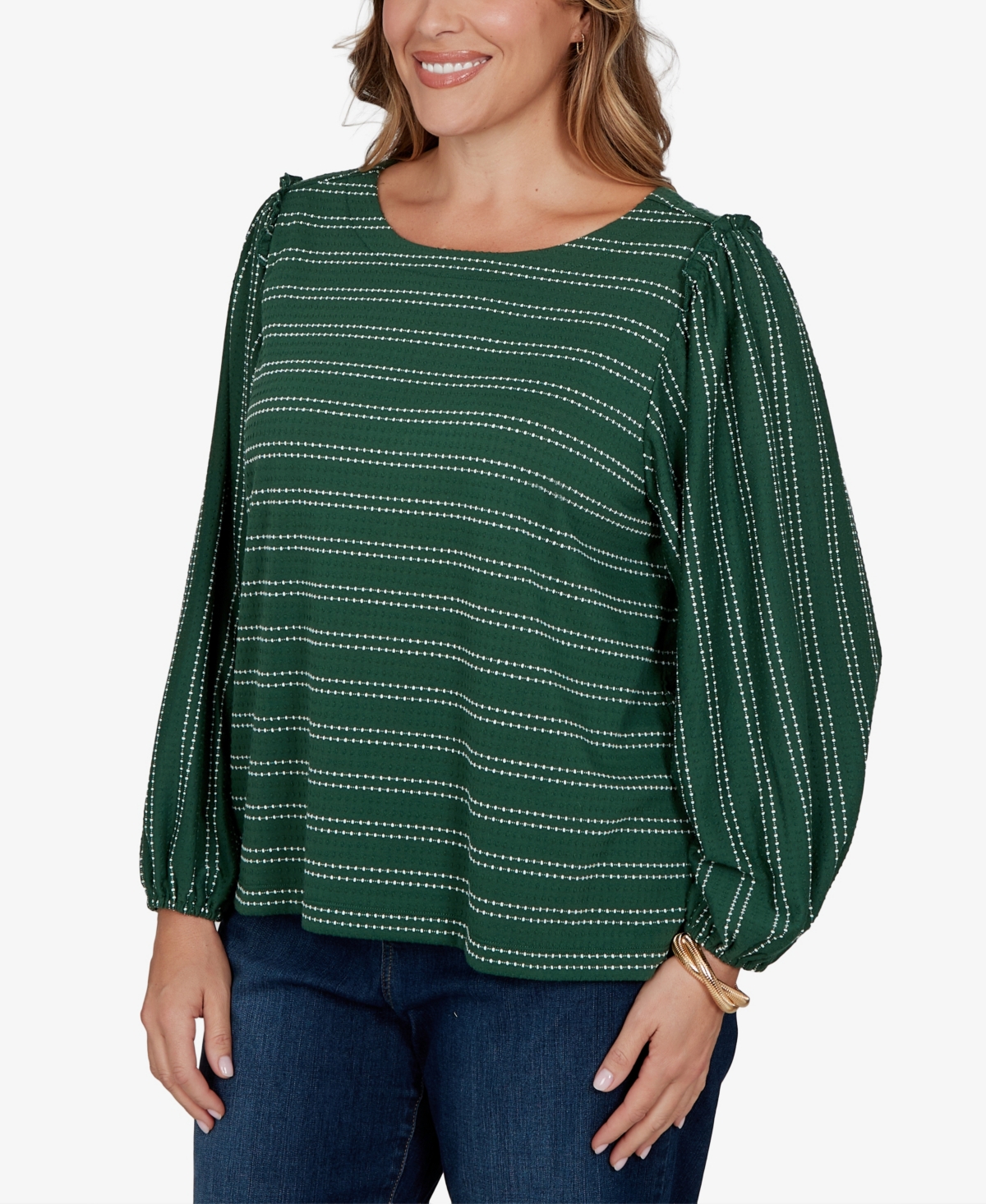 Ruby Rd. Plus Size Dobby Stripe Long-sleeve Boat Neck Blouse In Green