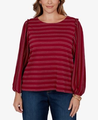 Plus Size Dobby Stripe Long-Sleeve Boat Neck Blouse