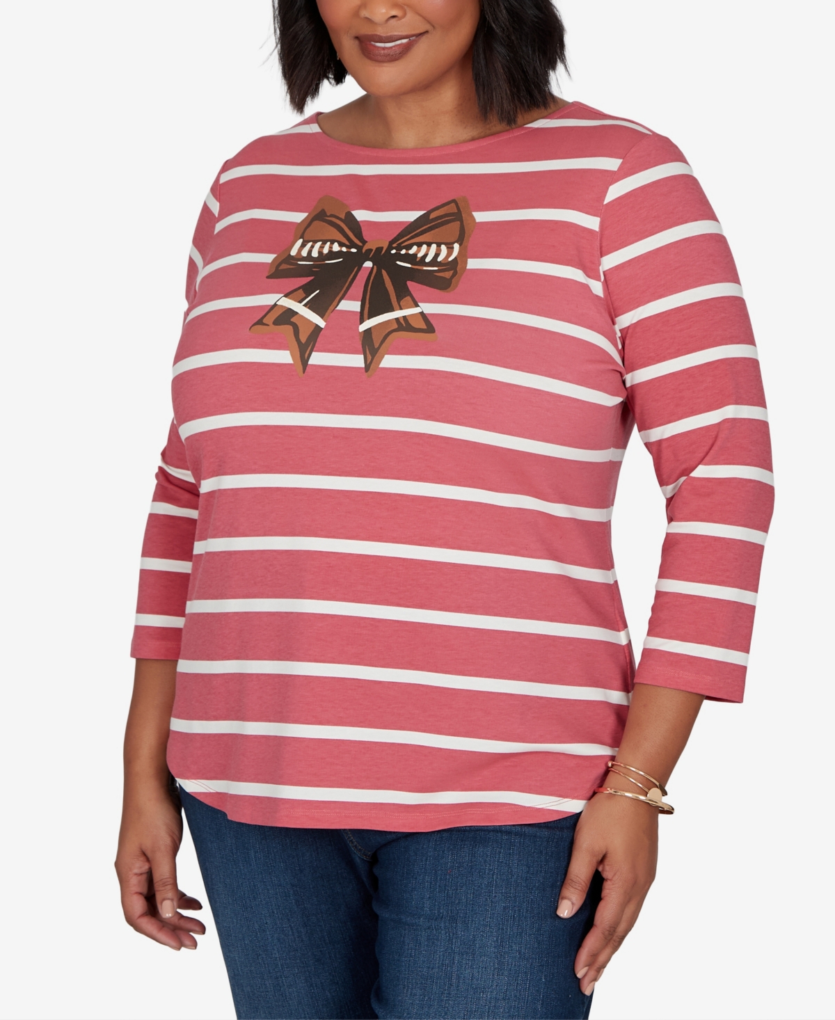 Ruby Rd. Plus Size Boat Neck 3/4-sleeve Striped T-shirt In Red