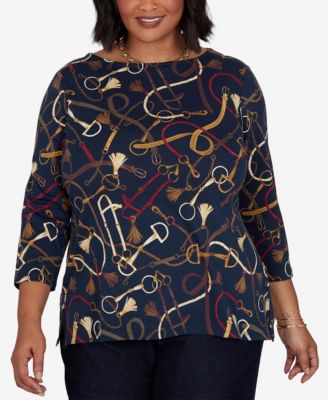 Plus Size Equestrian Boat Neck 3/4-Sleeve Top