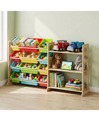 Kids Toy Storage Organizer 56" Wide Wood Bookshelf with 12 Bins and 3 Open Shelves Anti-Tip Rounded Edges for Playroom Bedroom Nursery