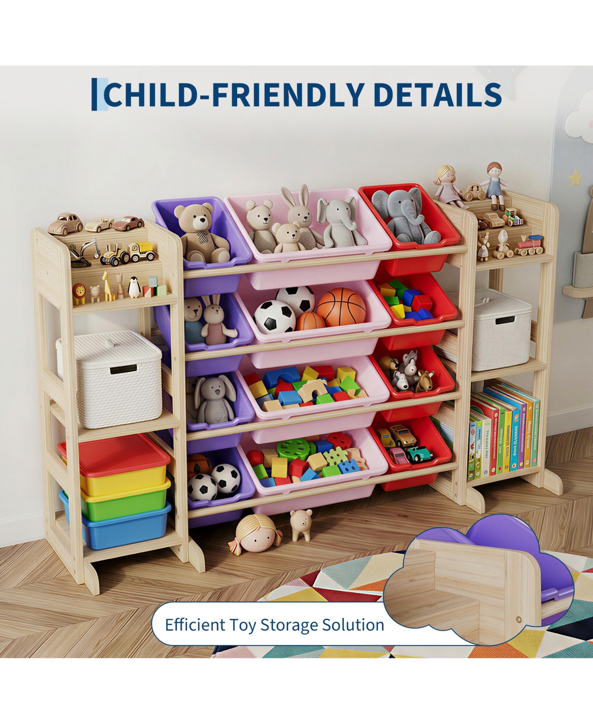 gaomon Kids Toy Storage Organizer 52.3" Wide Solid Wood Bookshelf Cabinet with 12 Removable Bins and 6 Shelves Cubby