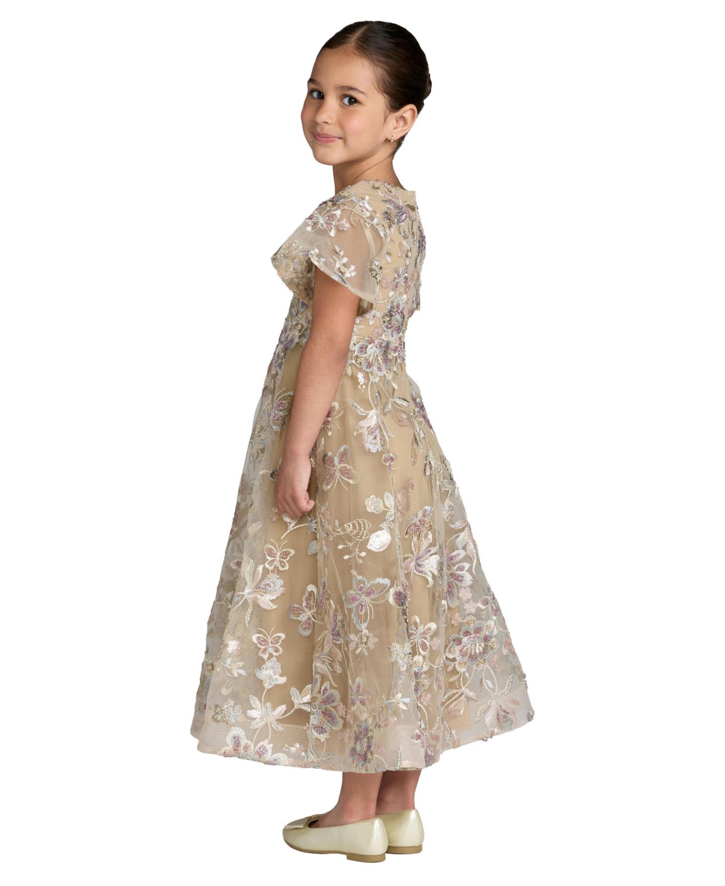 Платье Mac Duggal Floral Embroidered Mesh Flutter Sleeve Dress для девочек, цвет: Телесный — фото 2
