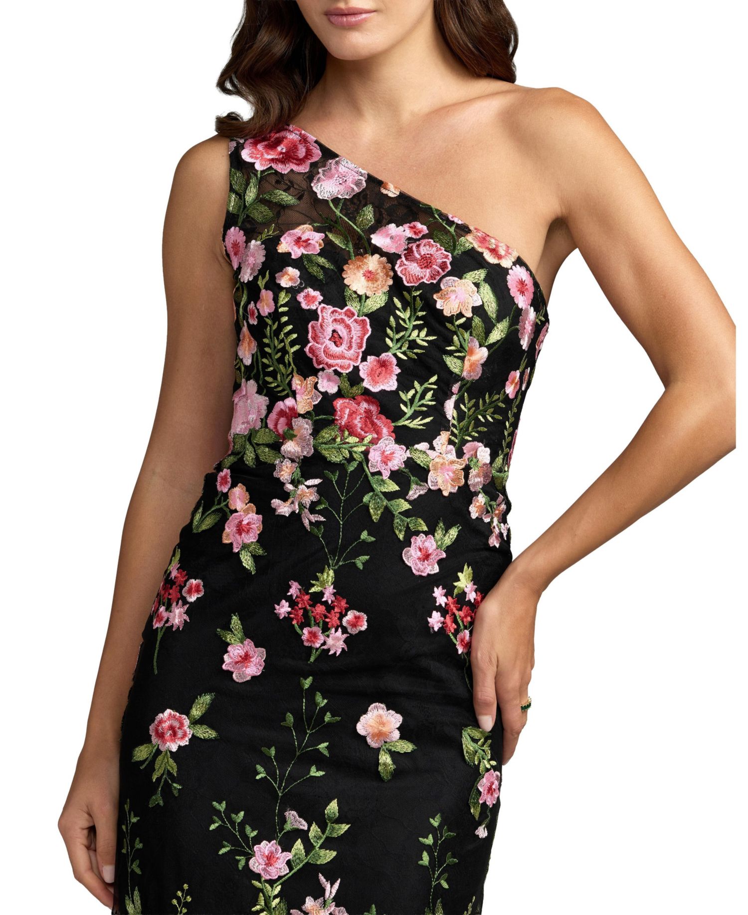 Petite One Shoulder Lace Embroidered Gown