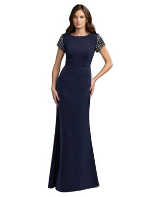 Women's Embellished Sleeve Crepe Column Gown