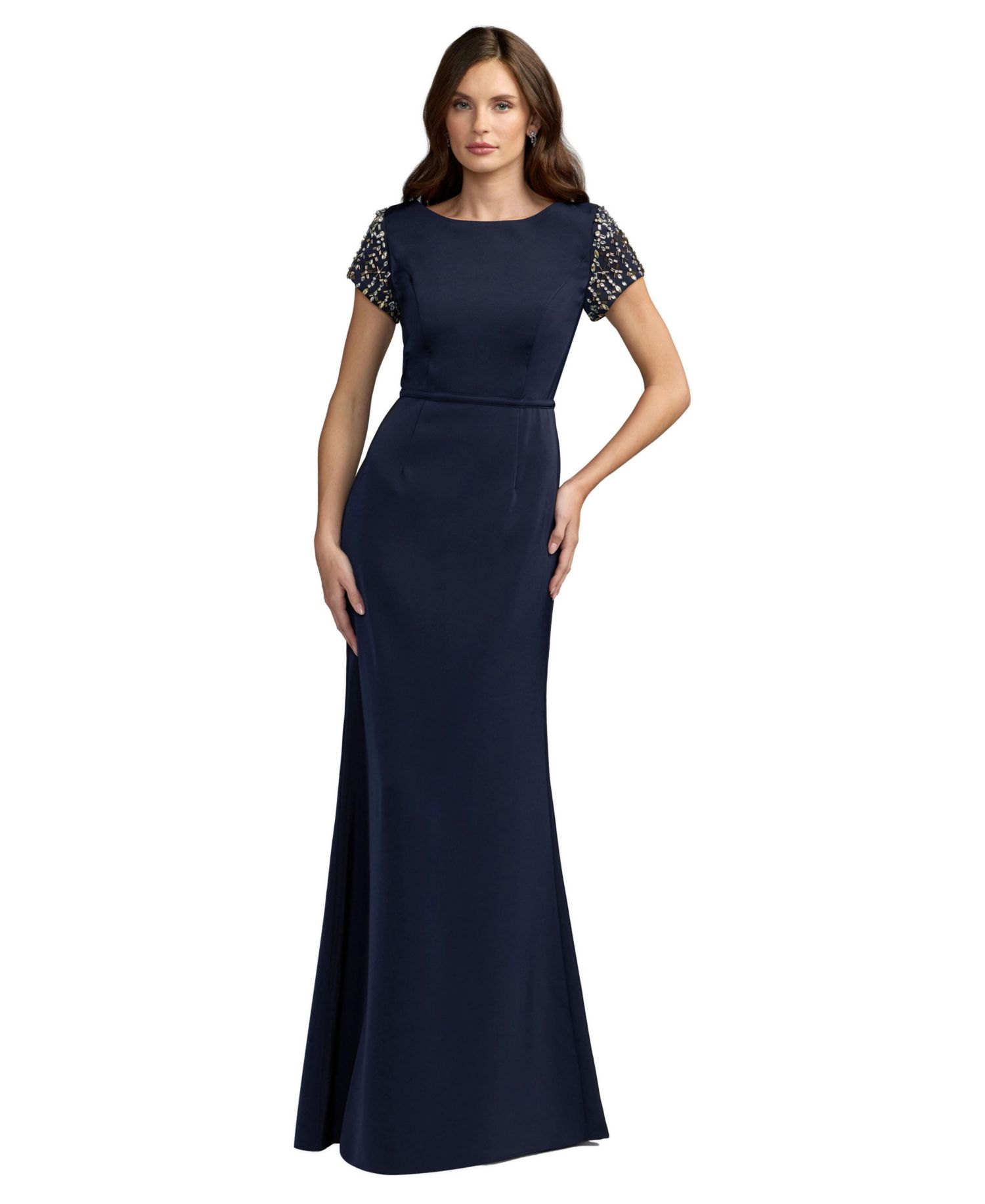 Women's Embellished Sleeve Crepe Column Gown