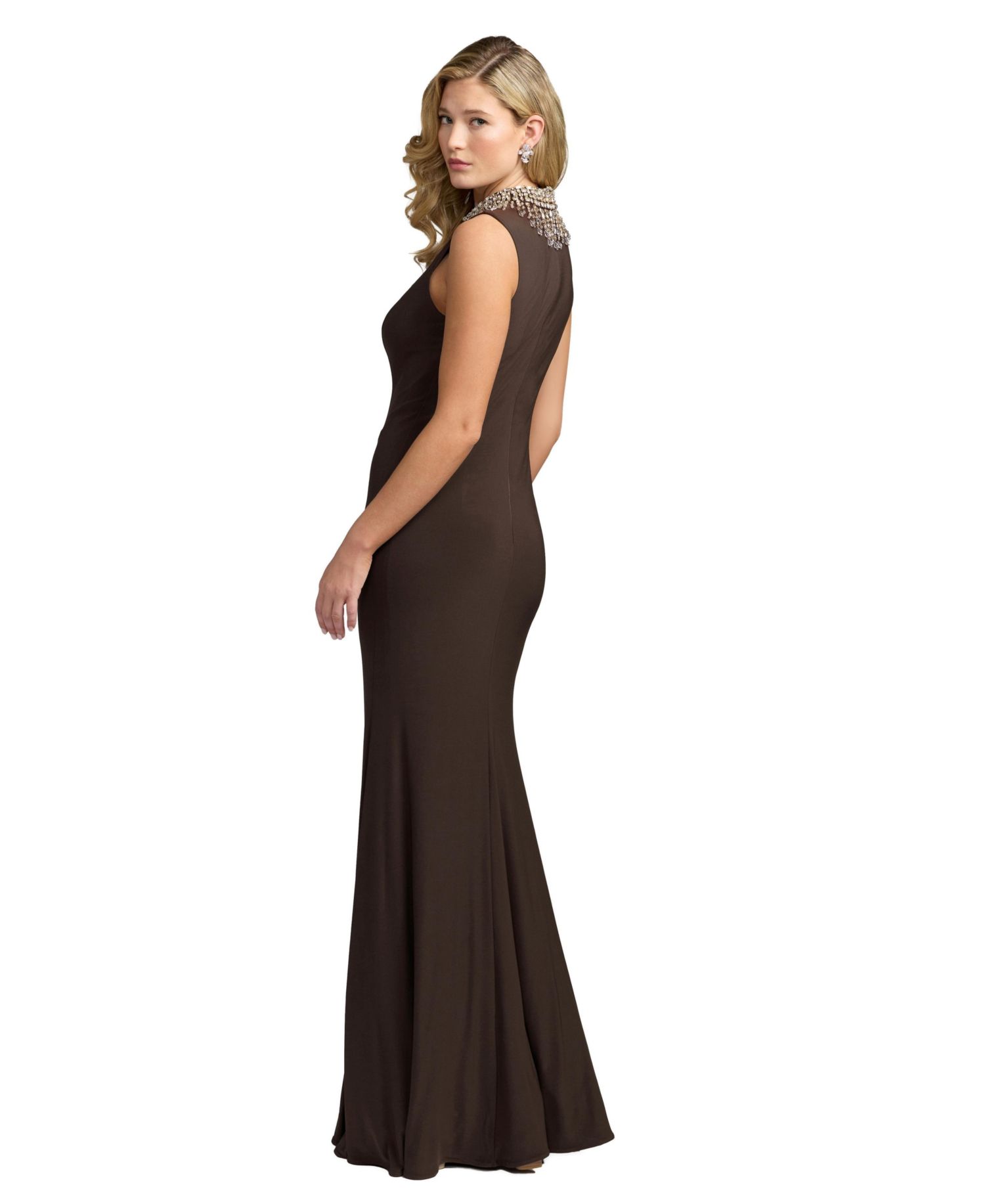 Women's Rhinestone-Embellished Mock-Neck Trumpet Gown
