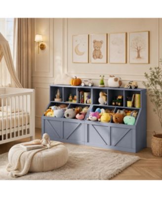 Kids Bookshelf Toy Storage Organizer 35.4"H Layered Cubby Storage Wood Frame Low Height Kid-Friendly for Playroom Bedroom Nursery