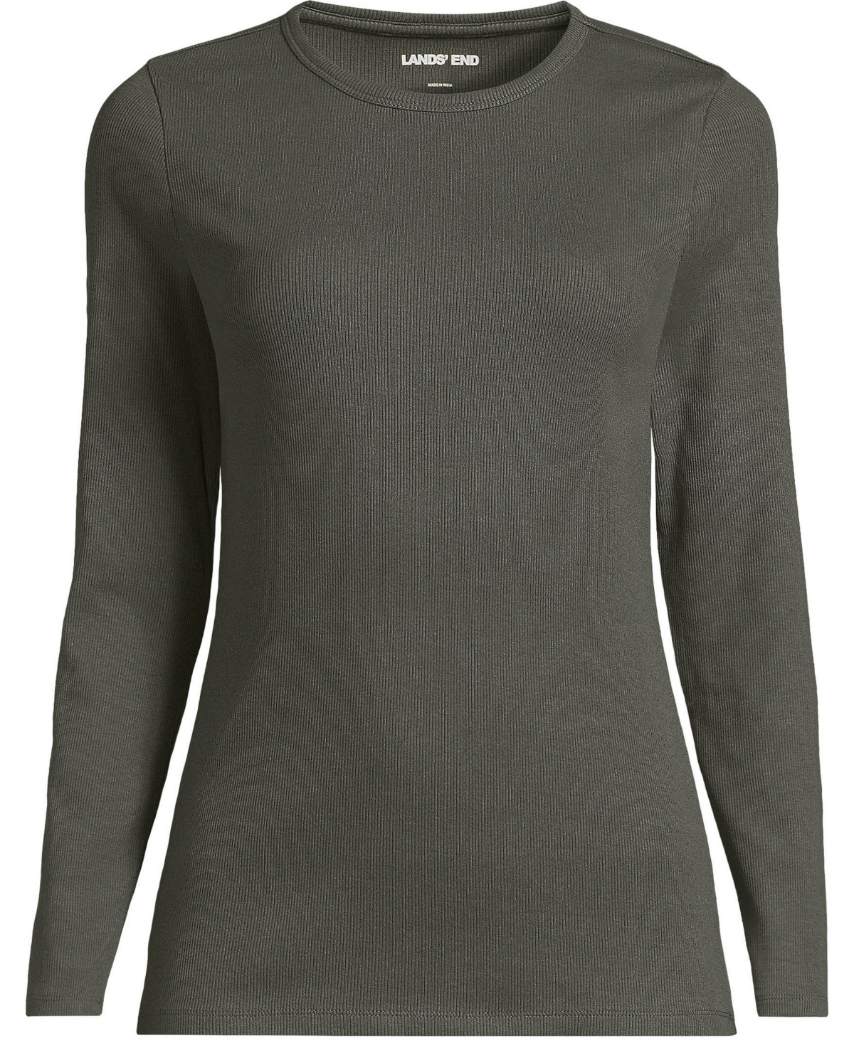 Lands' End Women's Plus Size Long Sleeve Micro Rib T-Shirt - Forest moss