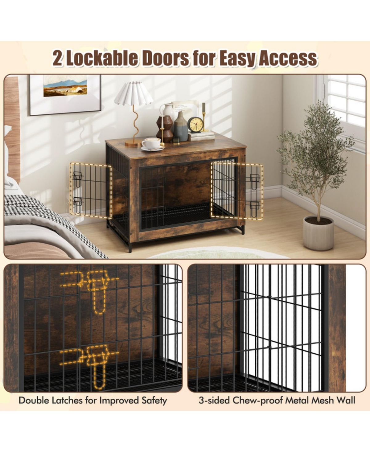 Sugift Dog Crate Furniture End Table with Double Lockable Doors and Removable Pull-Out Tray for Medium Dogs