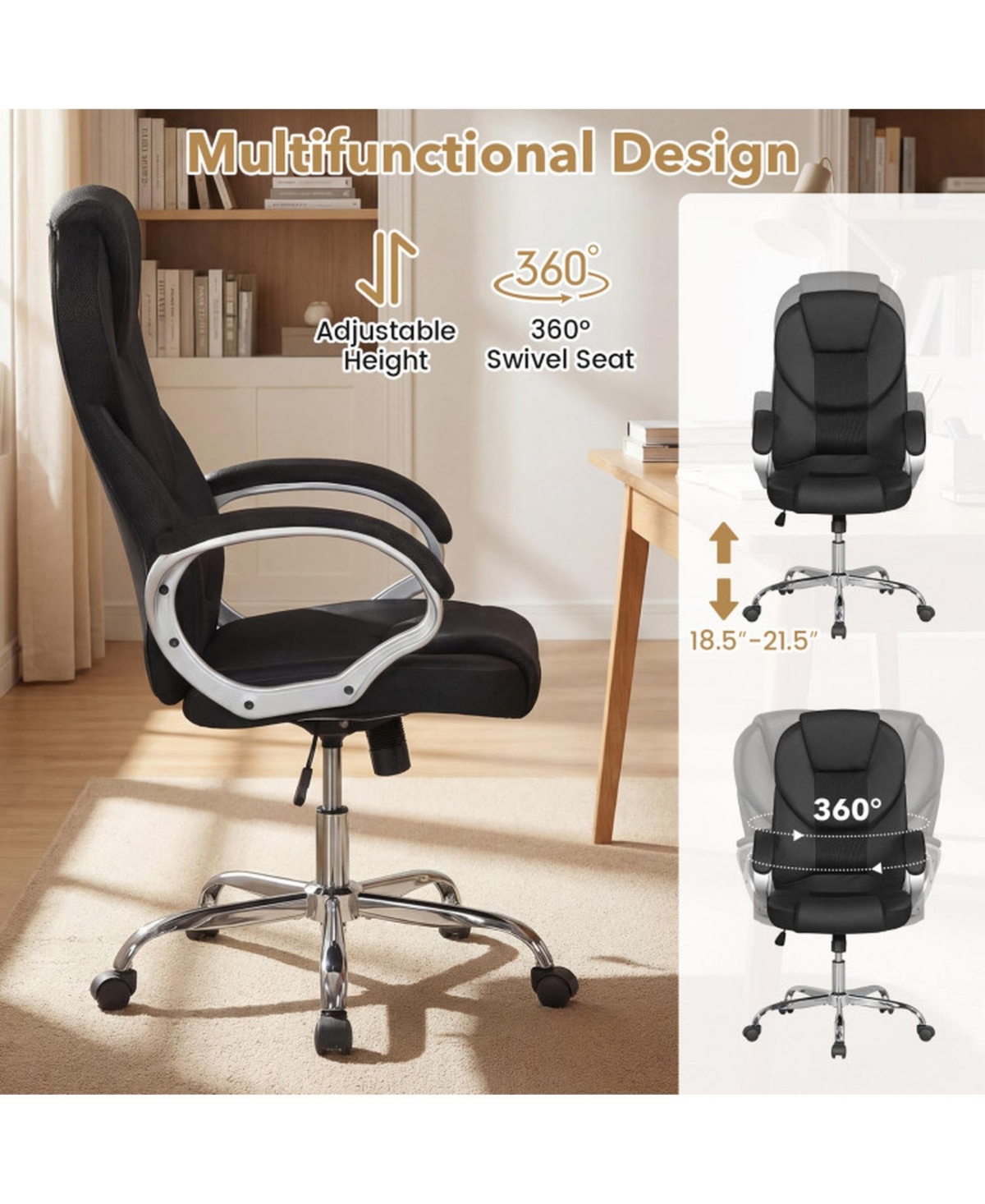 Sugift Ergonomic Leather Mesh Executive Office Chair with Padded Armrests and Rocking Backrest