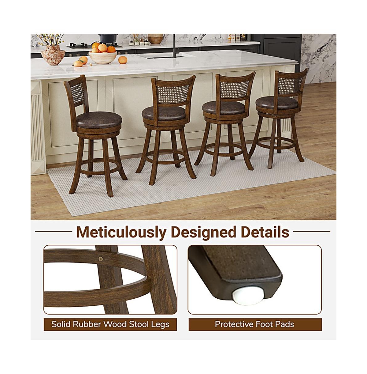 Sugift Set of 2 25 Inch Swivel Bar Stools with Leathaire Upholstery and Rattan Backrest