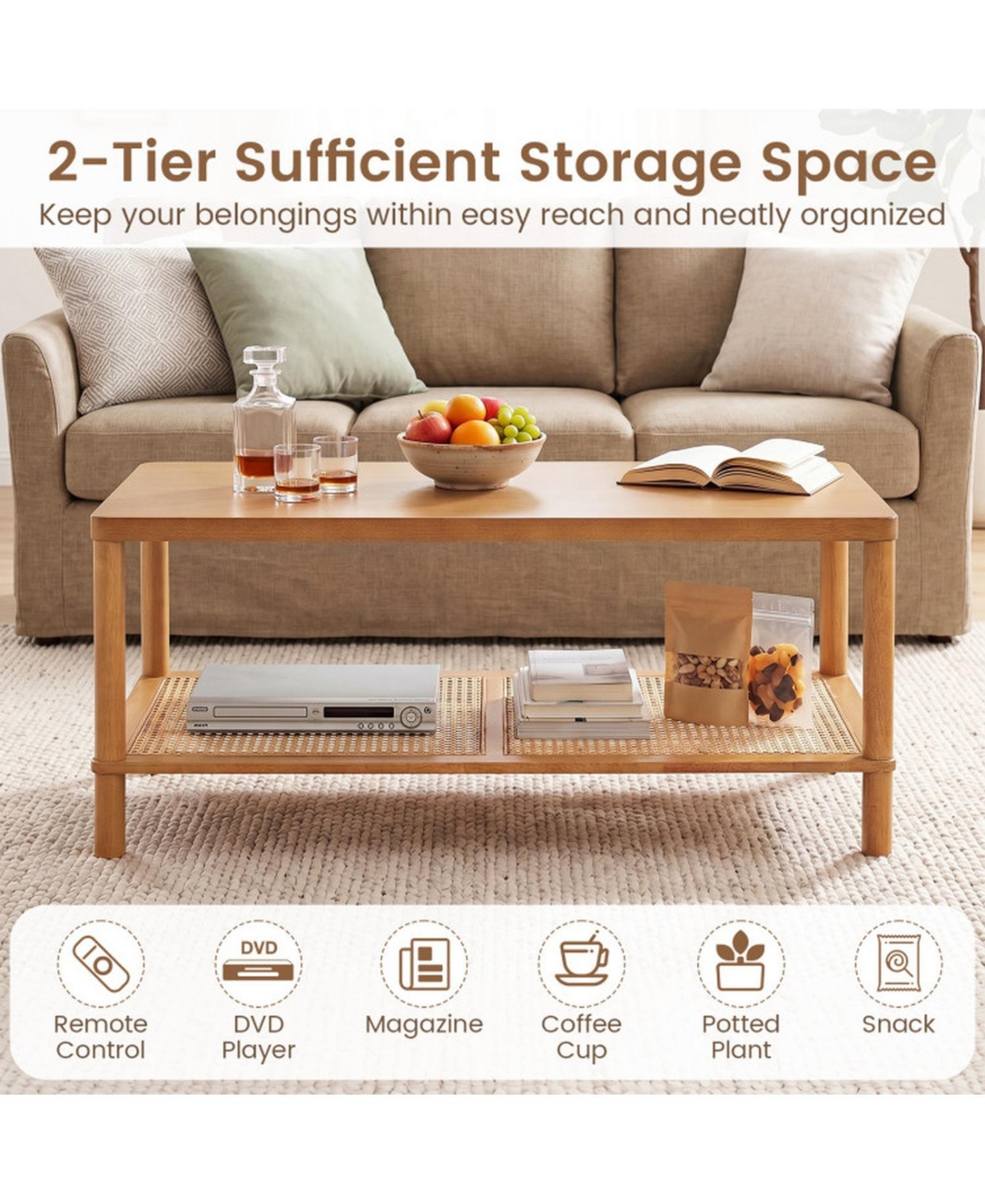 Sugift 2-Tier Boho Rectangular Coffee Table with Rubber Wood Frame and Woven Storage Shelf