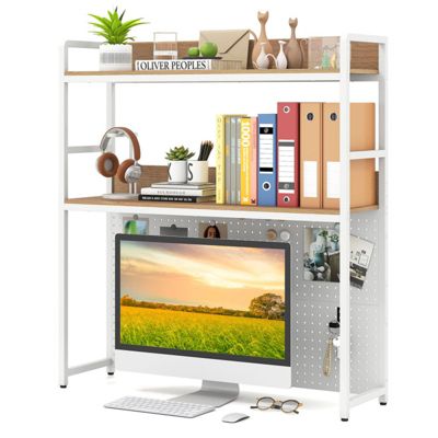 2-Tier Desktop Bookshelf with Metal Pegboard for Monitors up to 32 Inch