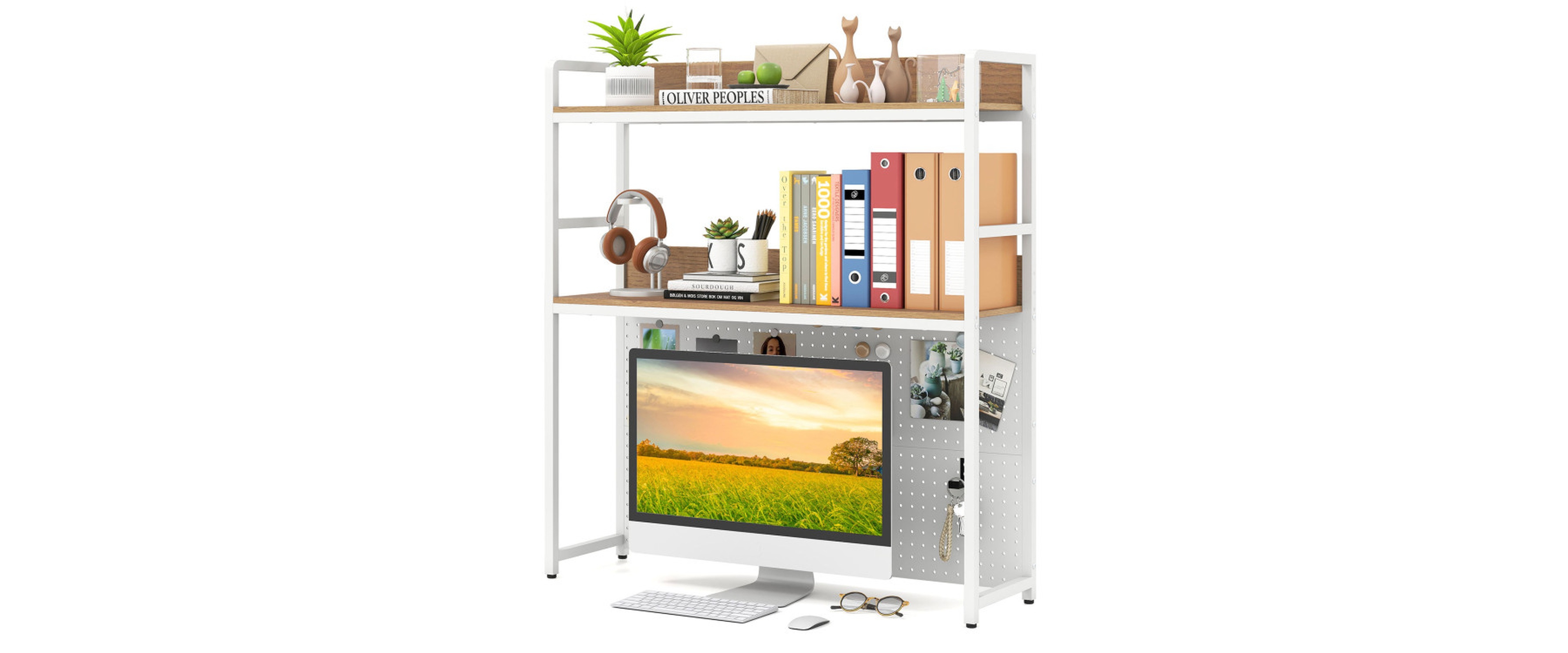 Sugift 2-Tier Desktop Bookshelf with Metal Pegboard for Monitors up to 32 Inch